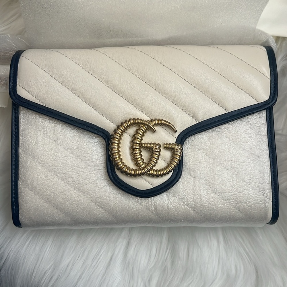 🆕💯% Auth Gucci Blue Agata GG Marmont Shoulder Bag Cream Calfskin Leather - Picture 4 of 16